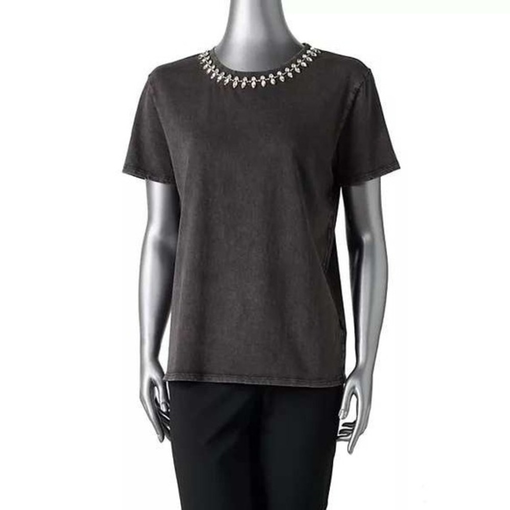 Simply Vera Vera Wang‎ Embellished T-Shirt Womens XL Black Rhinestone Fringe Tee